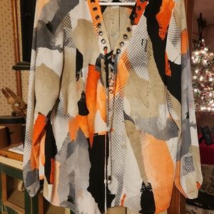 Alfani Sz 16p Abstract Orange and Black Grey Lace-Up Blouse/Tunic